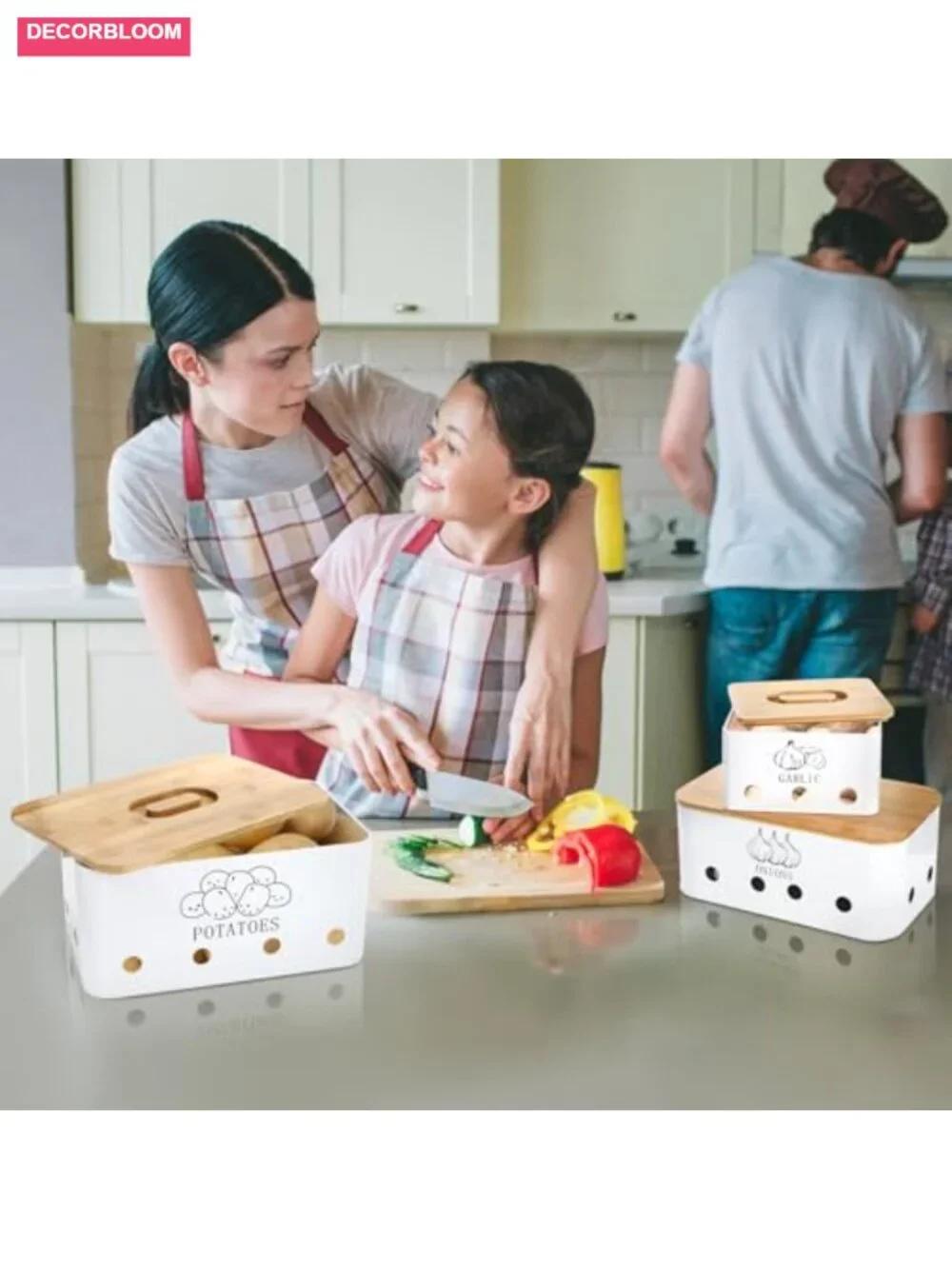 3 Pack Potato Onion Garlic Storage Set with Bamboo Lids, Metal Containers
